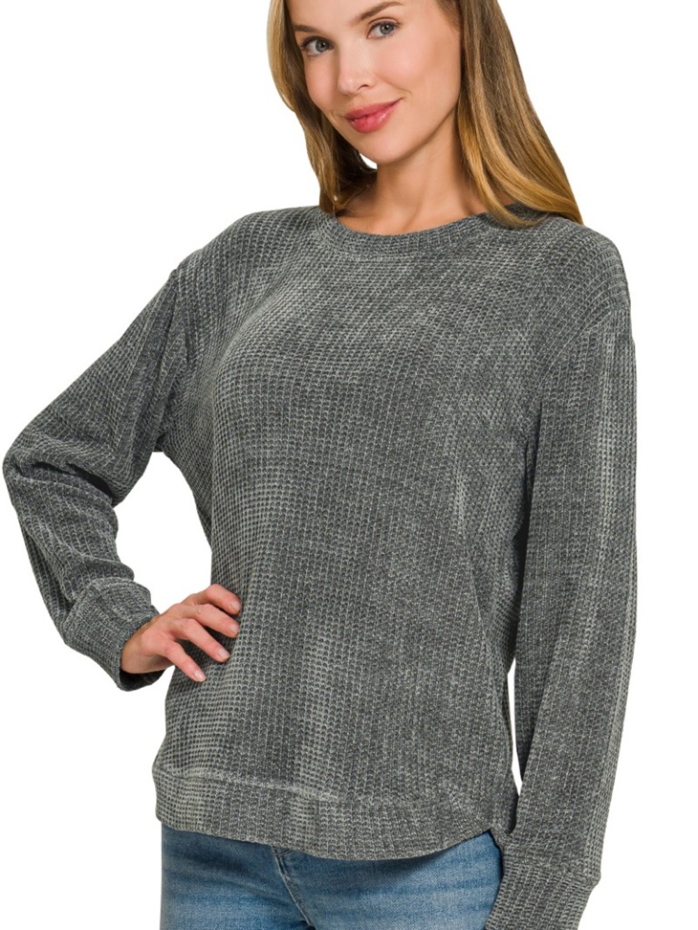 980. Chenille Waffle Round Neck Sweater
